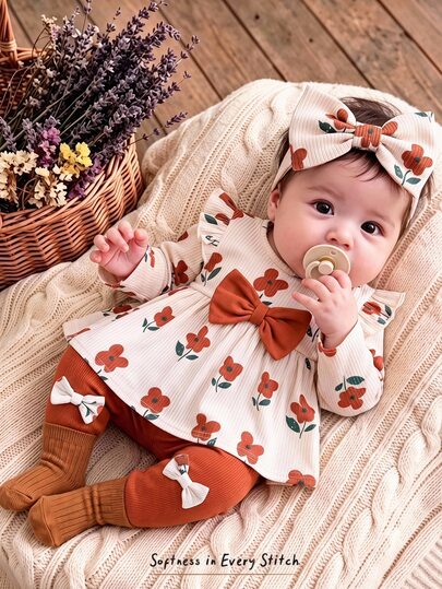Cozy Pixies Baby Girl Knitted Floral Pattern Round Neck Ruffle Casual T-Shirt And 3D Bow Long Pants 2 Pieces Set