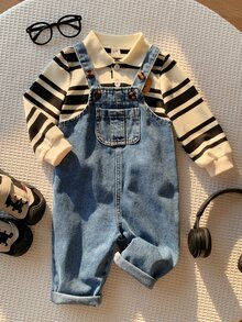 SHEIN 2件組男嬰秋冬休閒條紋衛衣與牛仔吊帶長褲套裝，衛衣套裝，嬰兒套裝，秋冬套裝，吊帶褲套裝，條紋套裝 - 彩色 - 查看 5