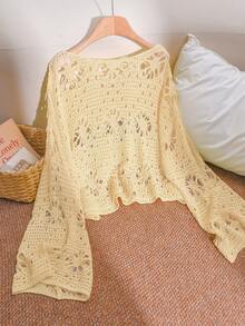 CosyJoli Plus Size Solid Color Hollow Knit Sweater Fall - Light Yellow - View 2