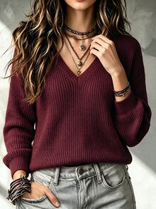 SHEIN New Spring Fall Korean Lazy Textured Knit V Neck Jumper Women Long Sleeve Loose Fit Short Length Casual - Burgundy - View 6
