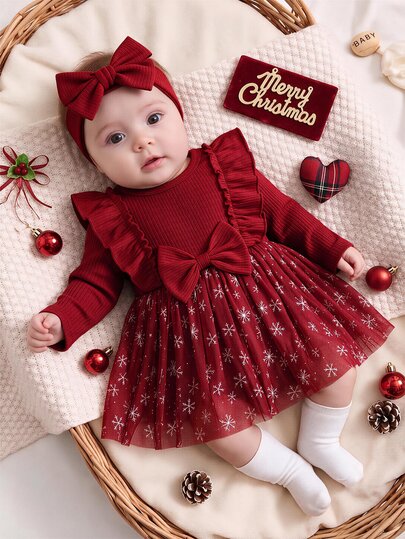 SHEIN Playful Pals Infant Girl Burgundy Ruffle Trim Ribbed Stripe & Snowflake Mesh Patchwork Dress & Headband 2pcs Set