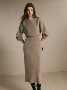 Poéselle 2 Pieces Knit Outfit Drop Shoulder Round Neck Sweater & High Waist Midi Skirt Set - Mocha Brown - View 5