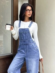 Rivivi أوفرول جينز نسائي كاجوال يومي غير مطاطي مع جيوب - الأزرق - مشاهدة 3