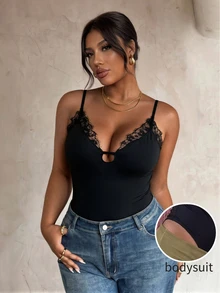 Firerie Plus Size Women's Lace Patchwork Sexy Versatile Camisole Camisole - Black - View 5