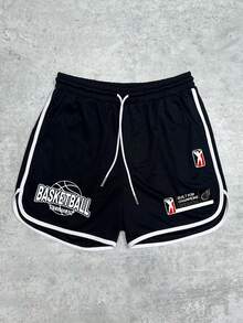 Sport MetroGents Men's Letter Print Drawstring Waist Pocket Sports Shorts - Black - View 4