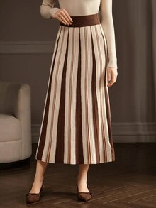 Anewsta Women's Autumn/Winter Brown Coffee Vertical Ribbed Ribbed Knit Skirt, Wide Elastic Waist Vintage Slouchy Sweater Skirt - Multicolor - View 6