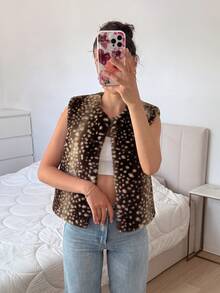 SHEIN EZwear Women's Brown Animal Print Faux Fur Vest - Coffee Brown - View 2