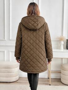 SHEIN Clasi Women's Solid Color Long Sleeve Zipper Front Thermal Lined Casual Hooded Winter Jacket - Rust Brown - View 6