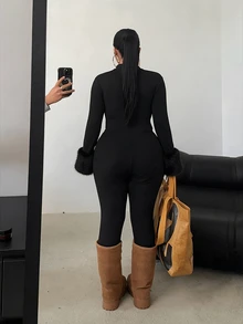 POPSWAY Plus Size Black Long Sleeve Long Pants Jumpsuit With Front Zipper, Waist-Cinching Slim Fit, Minimalist Solid Color Versatile Everyday Jumpsuit - Black - View 2