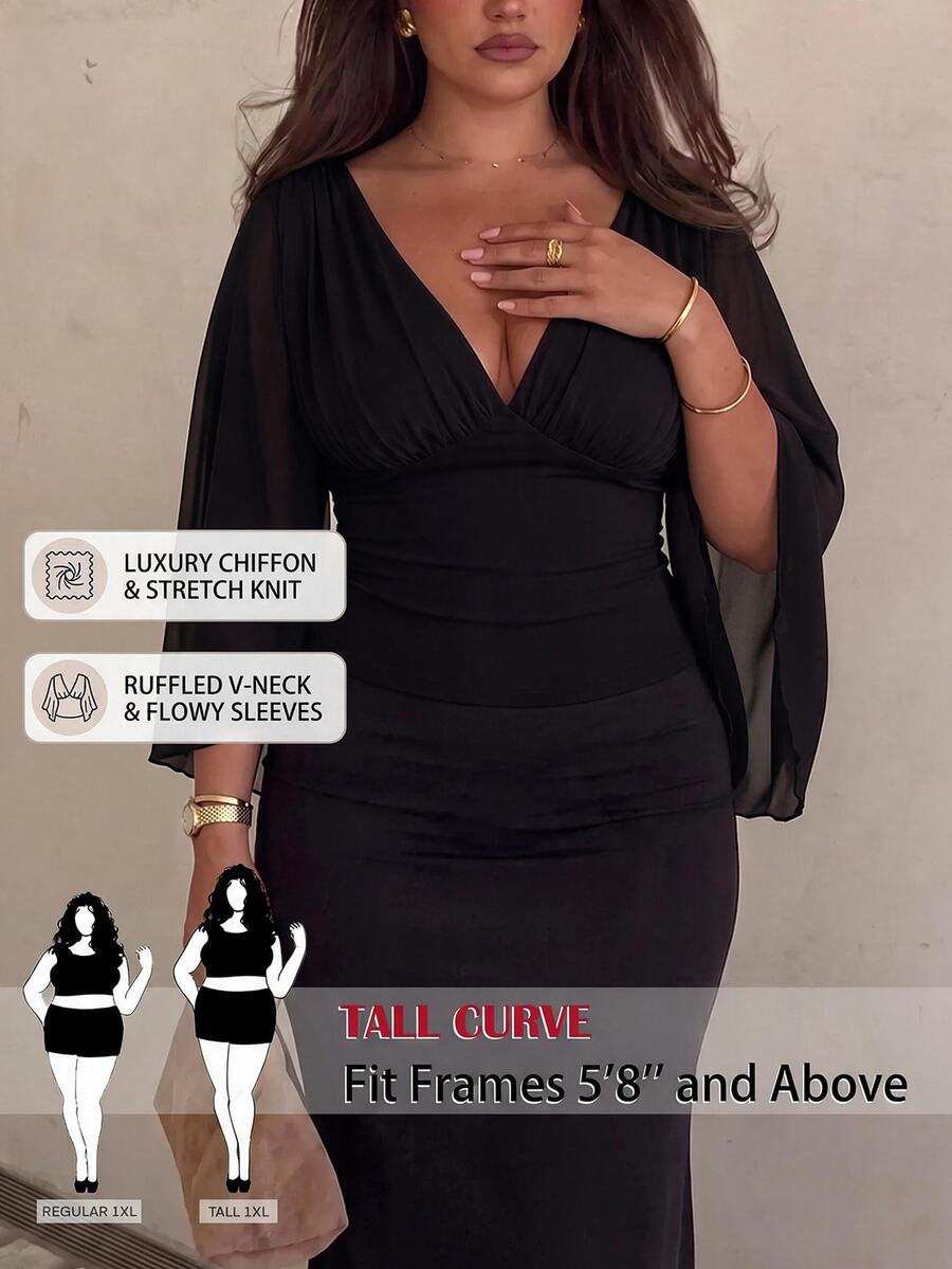 SHEIN Tall CURVE Plus Size Women's Solid Color Deep V-Neck 3/4 Sleeve Pleated Fitted Sexy Blouse - Black - View 1