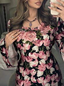 Yasmyna 女款優雅花卉印花刺繡阿拉伯風洋裝 - 彩色 - 查看 2
