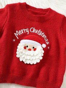 SHEIN 男女嬰兒/幼兒秋冬可愛聖誕老人圖案針織毛衣，嬰兒聖誕毛衣 - 紅色 - 查看 3