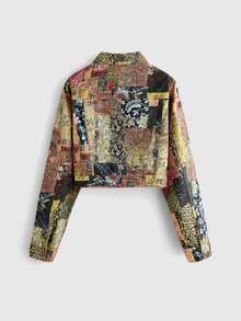 ROMWE Y2K Vintage Distressed Western Hot Girl Animal Print Patchwork Autumn/Winter Women's Denim Jacket And Coat - Khaki - View 3