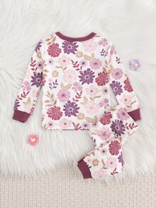 SHEIN 女嬰貼身舒適睡衣套裝，復古碎花圓領長袖套頭上衣搭配鬆緊腰長褲，2件式居家休閒套裝，適合室內、居家、休閒、派對、假日 - 彩色 - 查看 3