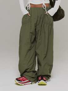 Musera Sport Ruched Detail Waist Loose Fit Low Rise Parachute Style Trouser Active Outdoors Workout Gym Terra Peak - Green - View 2