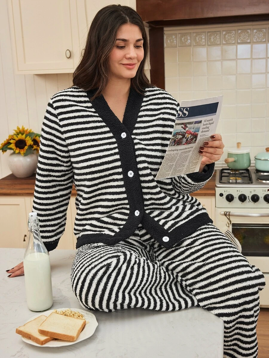 Doze Lane Women's Plus Size Coral Fleece Striped Casual Pajamas - Black and White - View 1