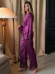 DAZY 2pcs/Set Women's Pajama Set, Tassel Patchwork V-Neck Cardigan Long Sleeve Top And Straight Leg Long Pants - Purple - View 2