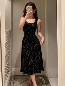 DAZY 2pcs Women's Sweet Ditsy Floral Sleeveless Fitted Long Strap Dress & Long Cardigan Robe Sleepwear Set - Black - View 6