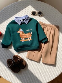 SHEIN 中性嬰兒男童/幼兒 2件組秋冬保暖內裡加厚可愛學院風運動衫套裝，嬰兒冬季套裝，聖誕節 - 墨綠色 - 查看 3