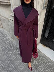 Aloruh Mantel Wanita Elegan untuk Perjalanan Kerja, Warna Polos, Minimalis, Gaya Klasik, Jaket Panjang Sedang Berkerudung Warna Burgundy, Musim Gugur/Dingin - Burgundy - View 4