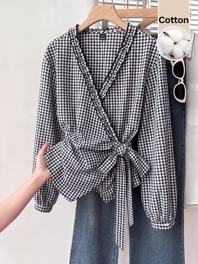 Muvela Women's Cotton Gingham Plaid Blouse Long Sleeve Wood Ear Trim V-Neck Wrap Tie Cinched Waist Shirt Elegant Casual Work Top Black And White Plaid