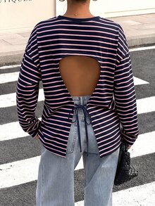 Muchica 女款寬鬆黑色條紋露背綁帶長袖T恤，適合穿搭、返校季、街頭風露背上衣 - 黑與白 - 查看 7