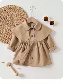 SHEIN جاكيت بيبي بناتي كلاسيكي لطيف بأزرار وكسرات بلون كاكي - لون مشمشي - مشاهدة 3