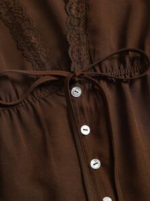 Sweetra Women's New Fashion Versatile A-Line V-Neck Petal Sleeve Blouse With Lace Trim, Long Sleeve, Front Button Opening - Brown - View 6