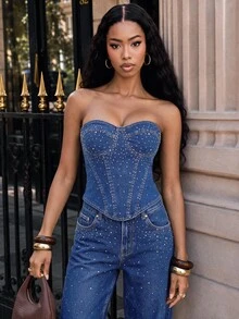 SHEIN BAE Women's Rhinestone Fashion Shaping Tube Denim Top - Blue - View 6