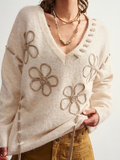 Bohemela Women's 3D Decorative Lace-Up Design Long Sleeve Sweater