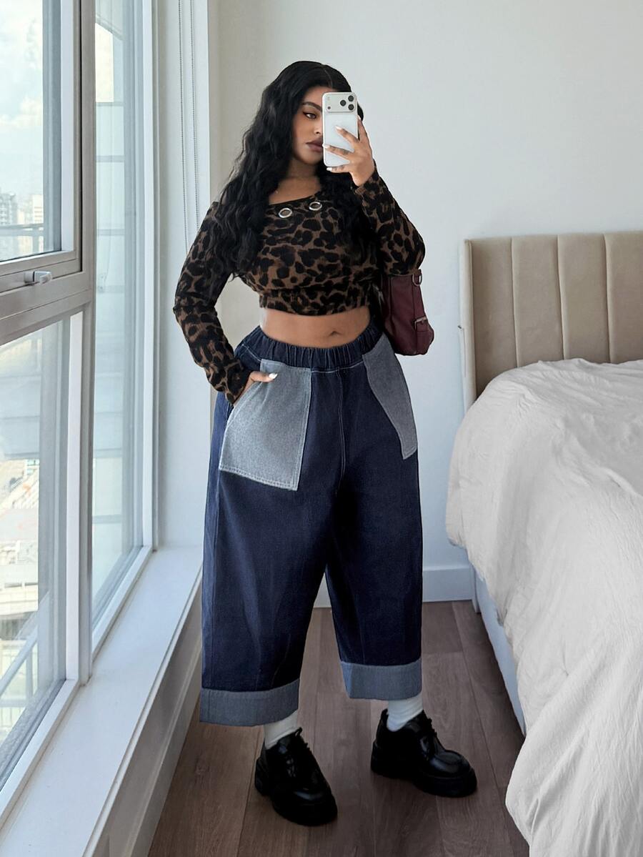 EMERY ROSE بنطال جينز قصير ضيق غير مطاطي للنساء ذوات الأحجام الكبيرة، ملابس كاوبوي للنساء - أزرق داكن - مشاهدة 1