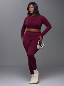 Voyena Women's Plus Size Solid Color Backless Long Sleeve Top And Leggings Casual Daily Sports Set - Purple - View 2