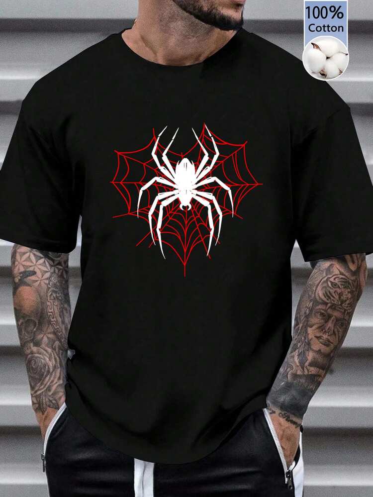 Lonveris Kaos Pria Hitam 100% Katun Rajut Lengan Pendek Kerah Bulat, Kaos Lengan Pendek Motif Jaring Laba-laba Merah - Hitam - View 1