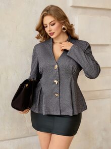 Roveilla Plus Size Woven High Neck Deep V-Neck Long Sleeve British Style Elegant Casual Slim Waist Ruched A-Line Commuter Jacket Office Formal Grey Fall - Grey - View 4