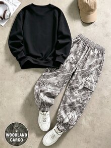 2件組小男孩圓領衛衣上衣與葉紋工裝褲套裝，迷彩印花服飾，長袖街頭風，適合假期派對，休閒舒適，春夏秋季穿著，柔軟舒適，男嬰首選，時尚休閒套裝 - 黑色 - 查看 2