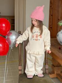 DAZY Set Sweatshirt Bayi Perempuan (Kerah Bulat Lengan Panjang Motif Kartun dengan Hiasan Ruffle untuk Musim Semi/Musim Gugur) - Khaki - View 4