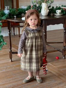 DAZY Infant/Toddler (Girl) Plaid Casual Loose Korean Style Dress - Coffee Brown - View 3