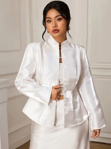 EastFlair Plus Size Women's Elegant Blazer Jacket With Frog Button Placket And Long Sleeves - White - View 4