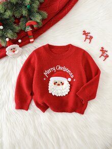 SHEIN 男女嬰兒/幼兒秋冬可愛聖誕老人圖案針織毛衣，嬰兒聖誕毛衣 - 紅色 - 查看 4