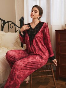 Côtesoire Plus Size Elegant Mature Floral Print Lace Patchwork Pajama Set, Southern French Style - Multicolor - View 4