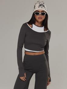 Musera Sport Contrast Colour Piped Double Layered Long Sleeve Coord Top Active Outdoors Workout Gym Terra Peak - Black and White - View 1