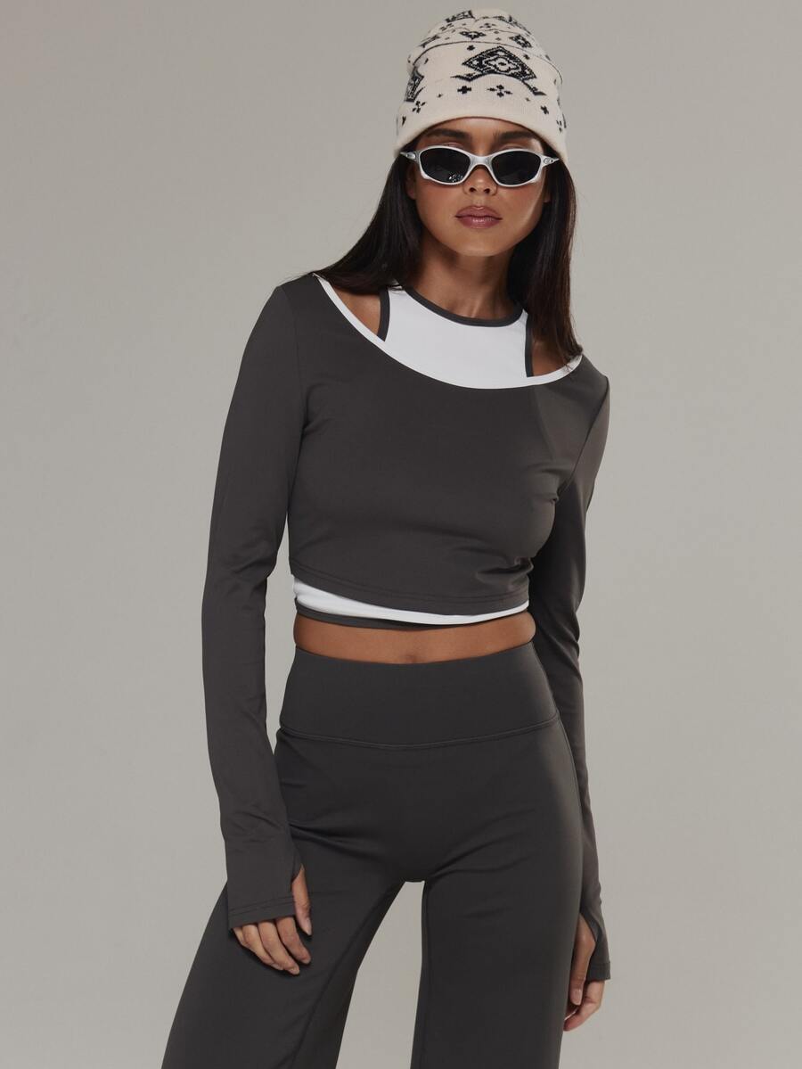 Musera Sport Contrast Colour Piped Double Layered Long Sleeve Coord Top Active Outdoors Workout Gym Terra Peak - Black and White - View 1