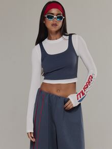 Musera Sport Double Layered Graphic Printed Crewneck Long Sleeve Cropped Top Active Outdoors Workout Gym Terra Peak - Blue - View 1