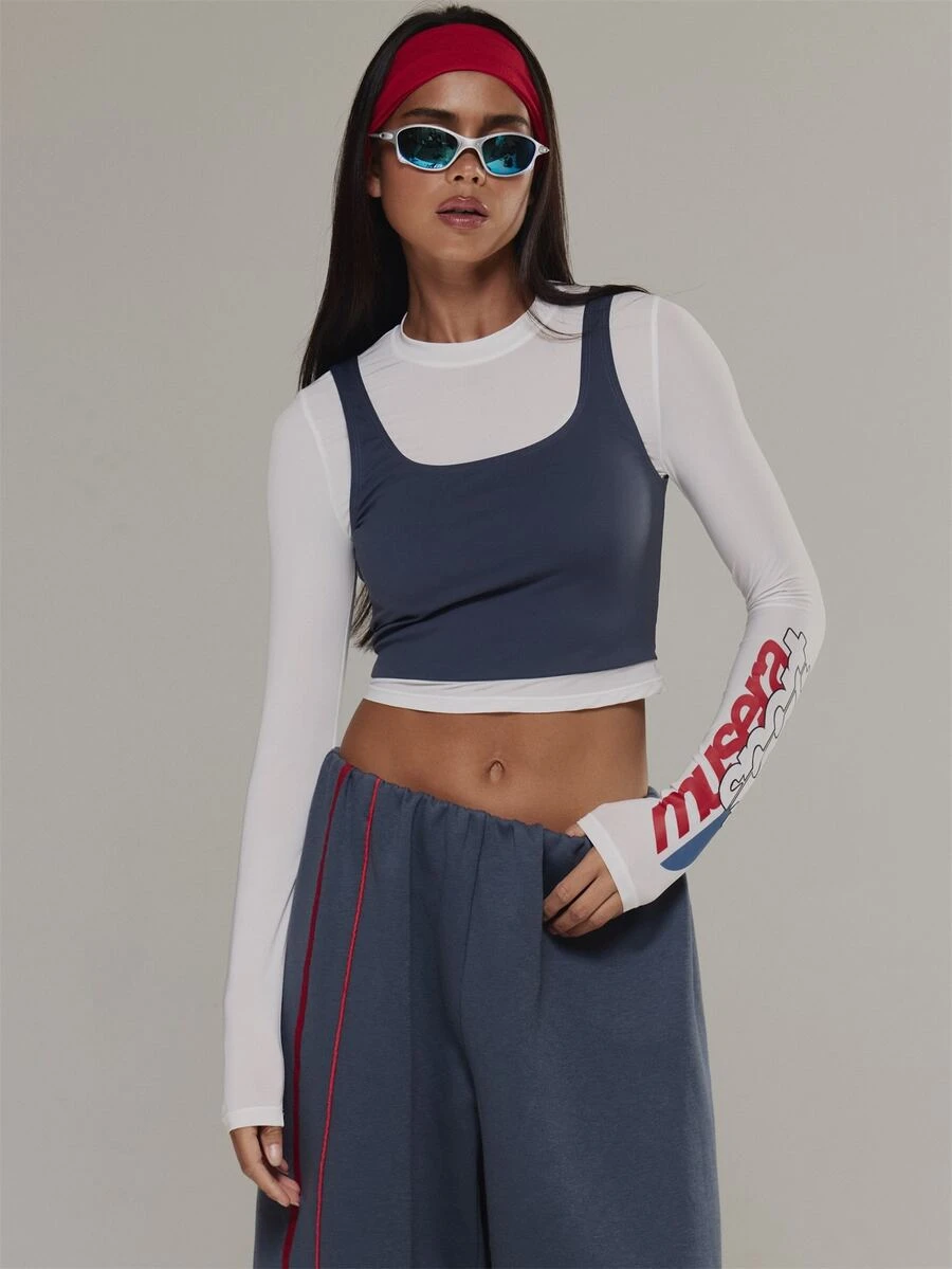 Musera Sport Double Layered Graphic Printed Crewneck Long Sleeve Cropped Top Active Outdoors Workout Gym Terra Peak - Blue - View 1