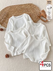 SHEIN 4件組男嬰簡單基礎純色羅紋紋理長袖圓領上衣多件套，適合日常穿著，春秋款 - 白色 - 查看 4