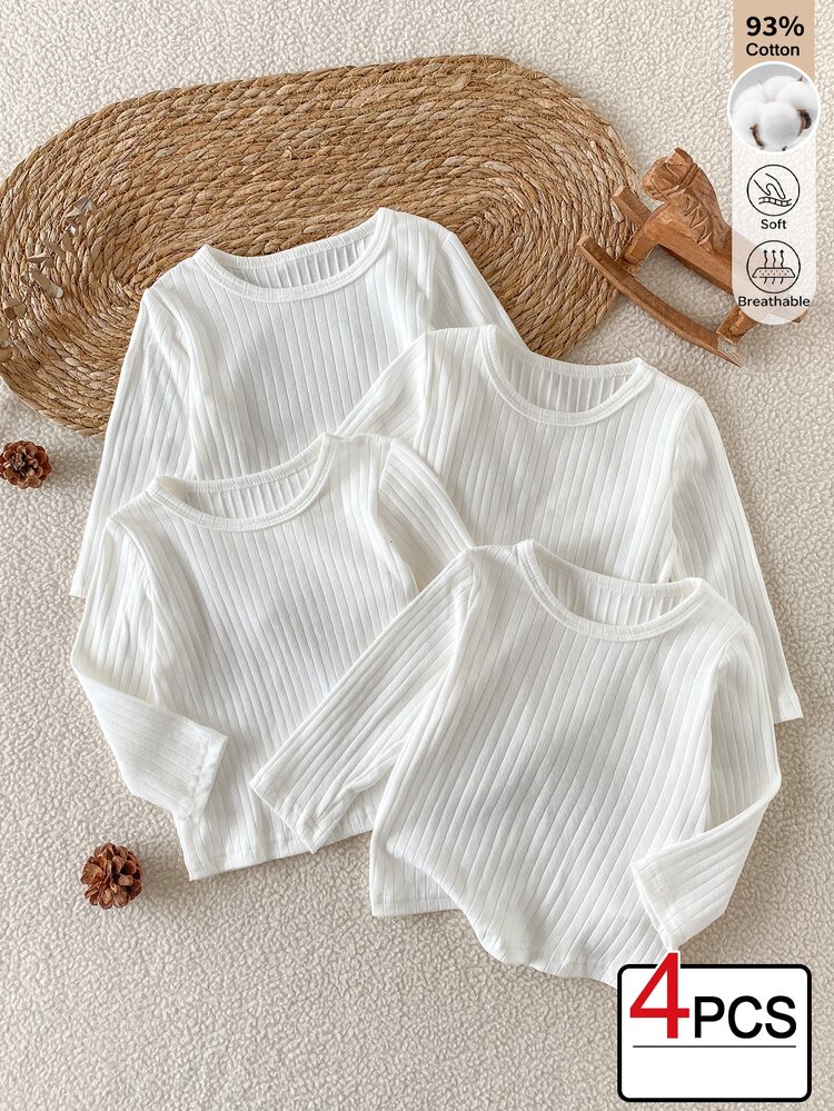SHEIN 4pcs Baby Boys Simple Basic Solid Color Ribbed Texture Long Sleeve Crew Neck Tops Multi-Piece Set For Daily Wear Spring Autumn - White - View 3