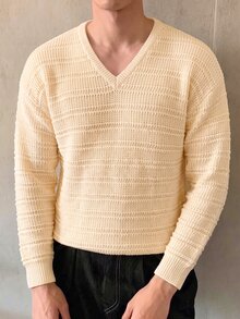 TONEVAULT Men's V-Neck 3D Horizontal Striped Knit Sweater, Old Money Style Textured Drop Shoulder Long Sleeve Casual Versatile Pullover, Autumn/Winter - Apricot - View 4
