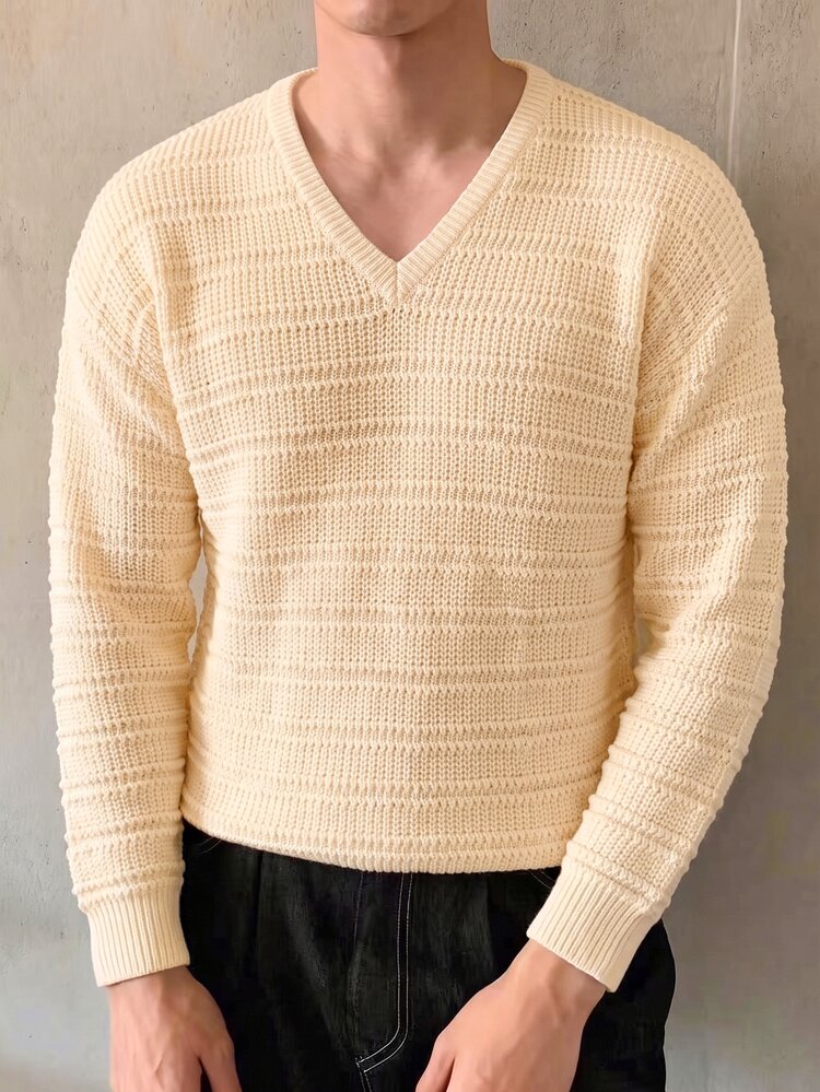 TONEVAULT 男士V領3D橫條紋針織毛衣，老錢風紋理落肩長袖休閒百搭套頭衫，秋冬款 - 杏色 - 查看 4