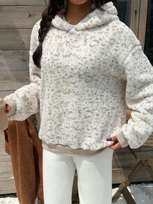 SHEIN EZwear 女款豹紋落肩長袖連帽抓絨運動衫 - 彩色 - 查看 3