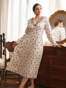 Côtesoire Plus Size Women's French Romantic Ditsy Floral Long Sleeve A-Line Maxi Nightgown - Apricot - View 3